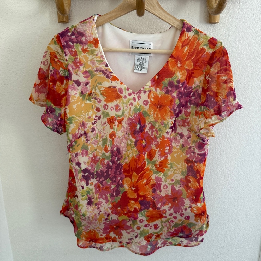 KARIN STEVENS Y2K vintage floral multicolor flowy top blouse size 10 cottagecore